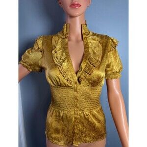Bebe Women’s Silk Ruffle Blouse Gold Paisley Short Sleeve NWT Size Small.